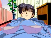 Nasty anime housewife with huge boobies riding huge cock on floor